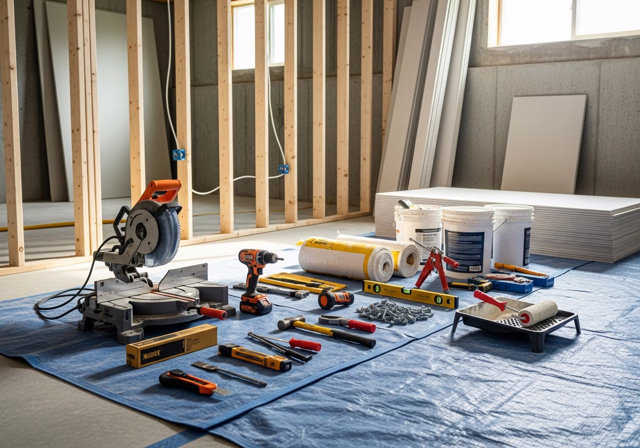Tools and materials staged for basement apartment renovation in Mississauga