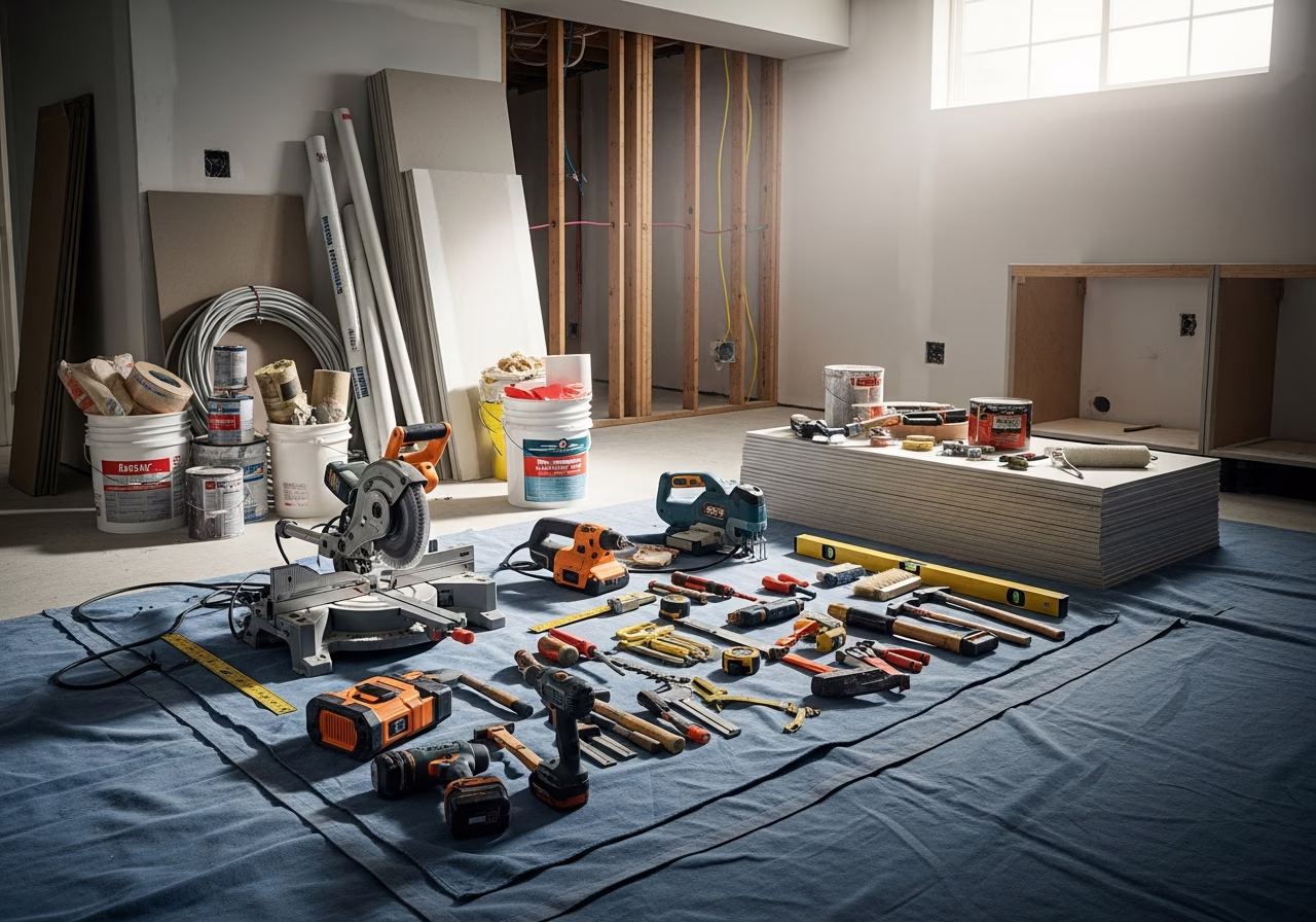 Tools and materials staged for basement apartment renovation in Oakville