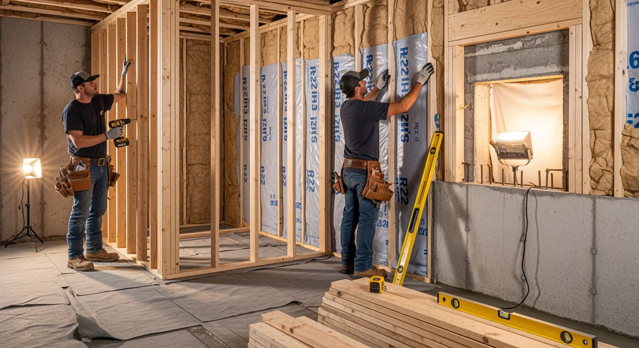 Toronto basement reno crew framing partition walls with 6-mil vapour barrier over R-22 batt insulation against foundation wall and fresh egress window opening