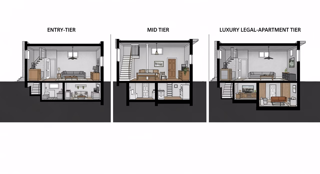 Three Toronto basement reno tiers compared: entry finished rec room with laminate, mid-range with 3-pc bath and egress, luxury legal apartment with kitchen, HRV and separate entrance