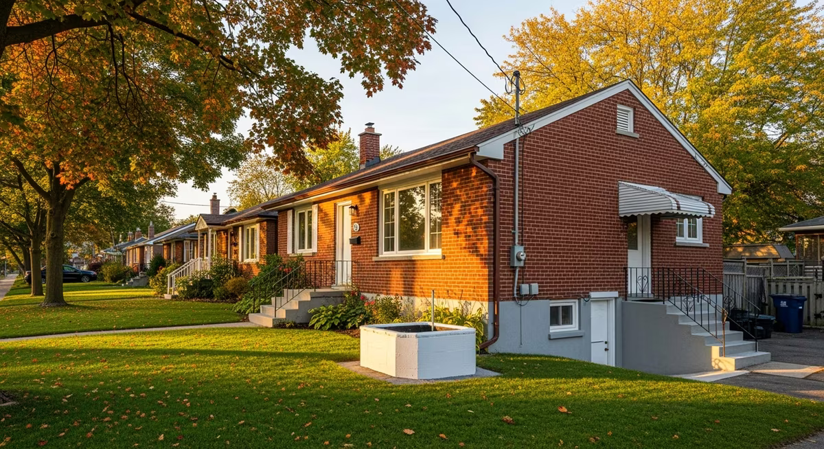 Toronto East York 1950s detached red-brick bungalow with freshly cut basement egress window well, white concrete window well, separate side-entrance staircase visible