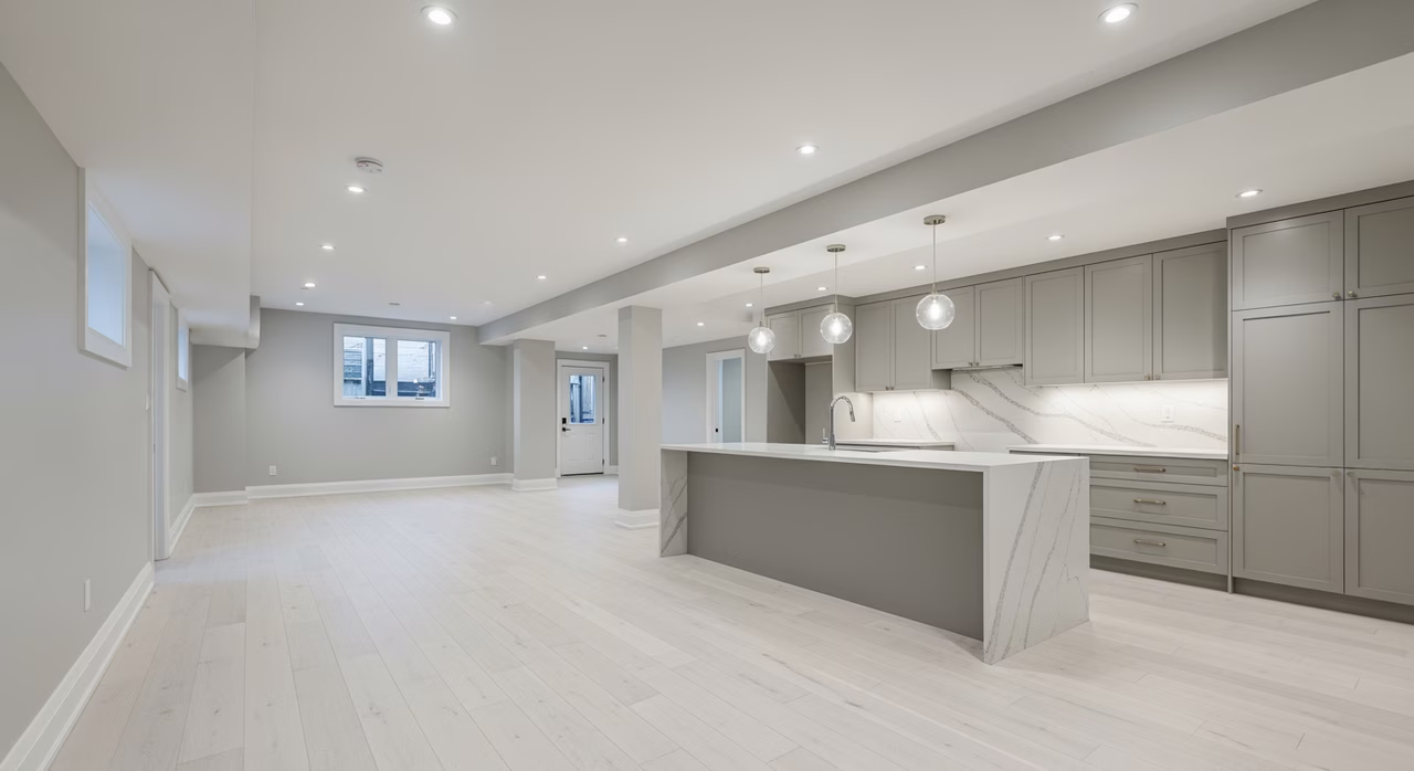 Completed luxury legal basement apartment with engineered white-oak flooring, full kitchen with quartz waterfall island, panel-ready appliances and recessed LED lighting