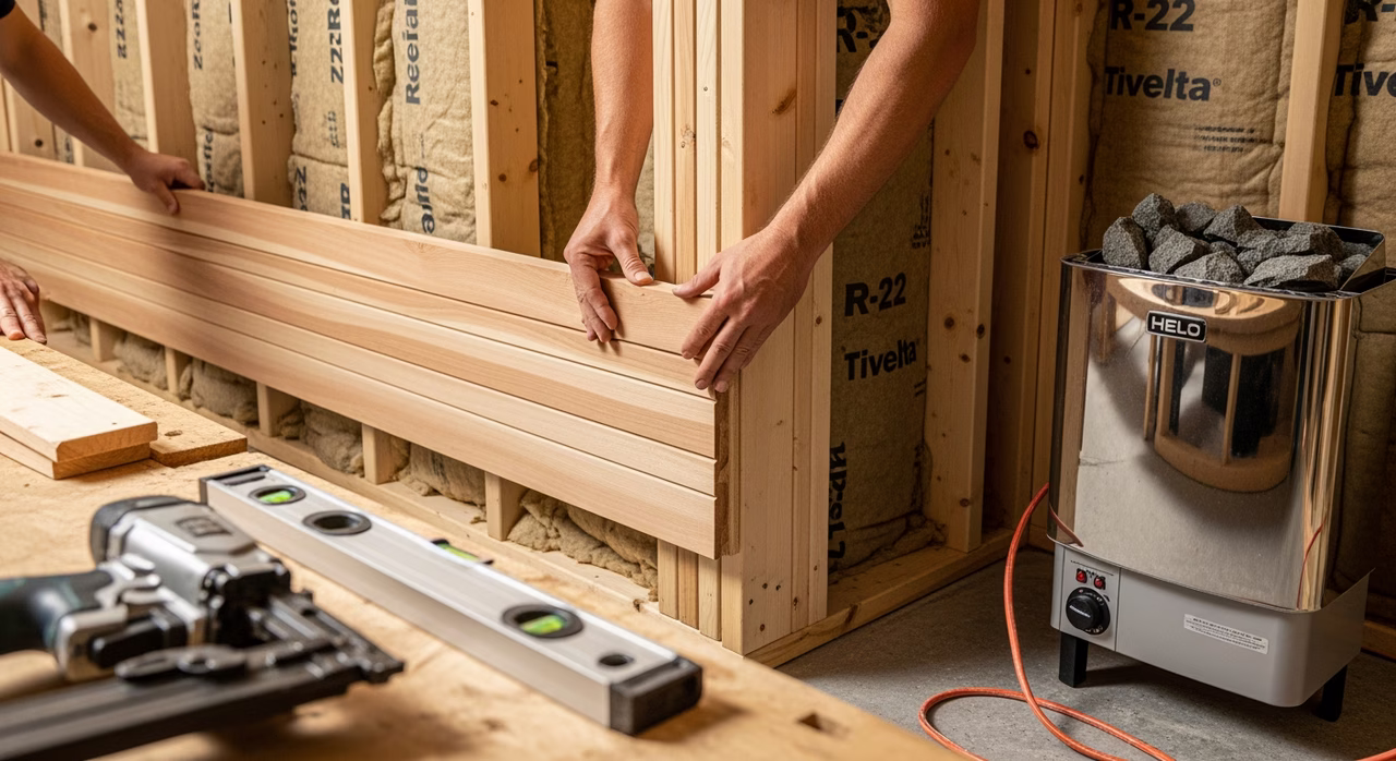 Toronto sauna installer hanging cedar tongue-and-groove cladding inside framed basement sauna enclosure with R-22 insulation and Helo electric heater on concrete pad