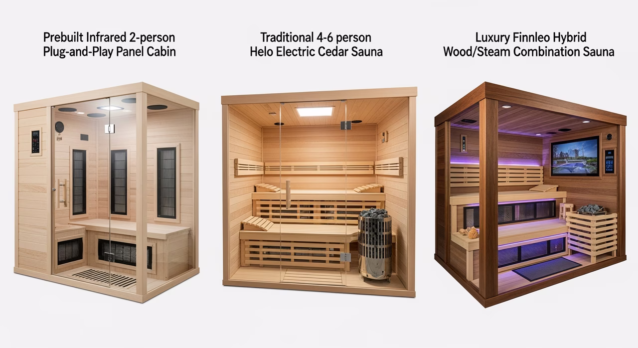 Three Toronto basement sauna tiers compared: prebuilt infrared 2-person panel cabin, traditional 4-6p Helo cedar with bench tiers, luxury Finnleo hybrid wood/steam with AV