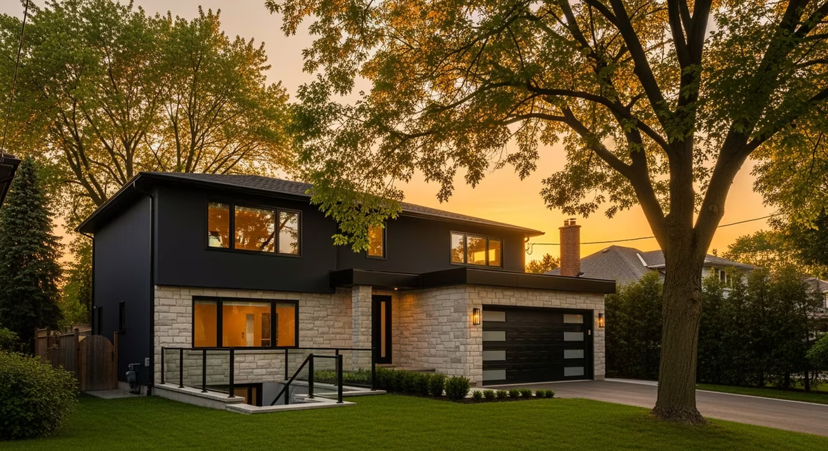 North York detached suburban home with mature trees, contemporary stone-and-stucco facade and black-frame basement windows where sauna installs run $5.5K-$28K