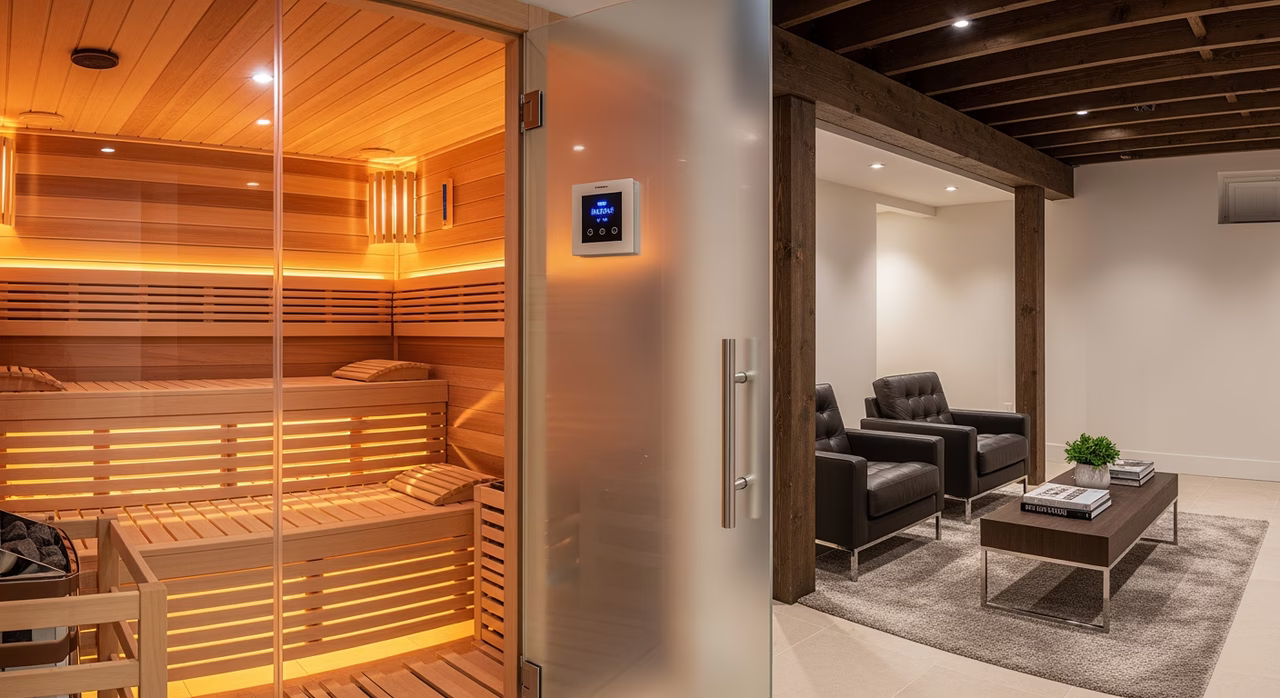 Completed luxury 6-person Finnleo cedar basement sauna with three-tier bench, ambient amber LED, frosted glass door, integrated wireless audio and adjacent cool-down lounge