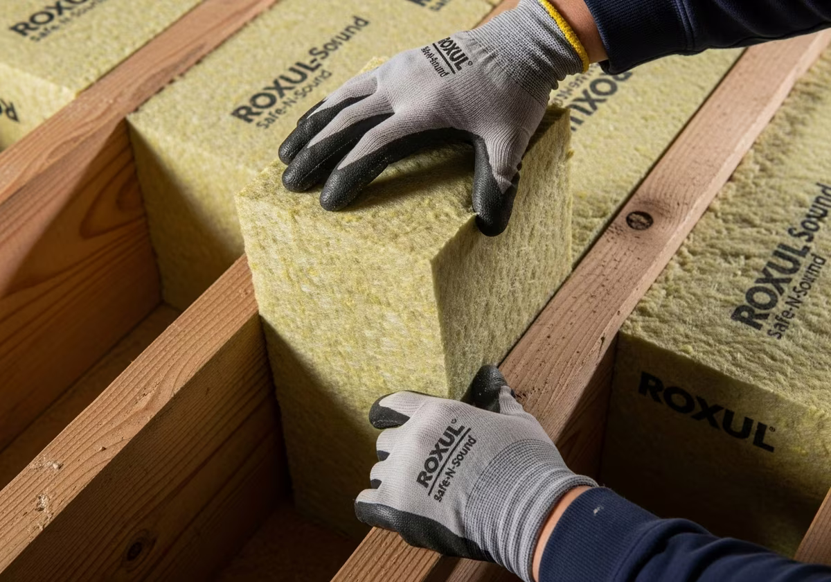 Stuffing Roxul Safe-N-Sound mineral wool between basement ceiling joists