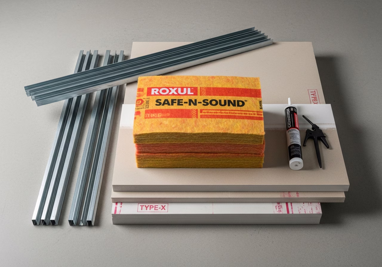 Soundproofing kit — Roxul Safe-N-Sound, resilient channel, type-X drywall, sealant