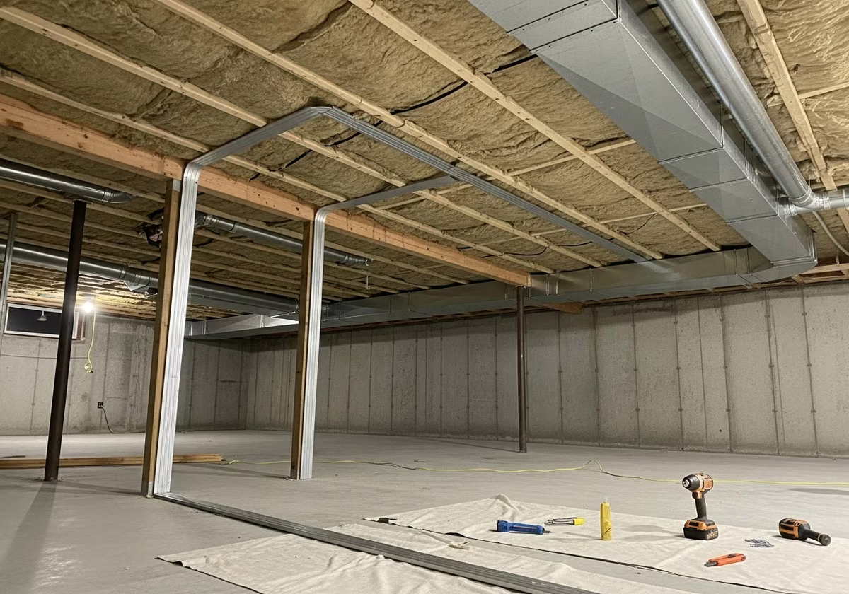 Toronto basement soundproofing — Roxul installed, resilient channels half-mounted