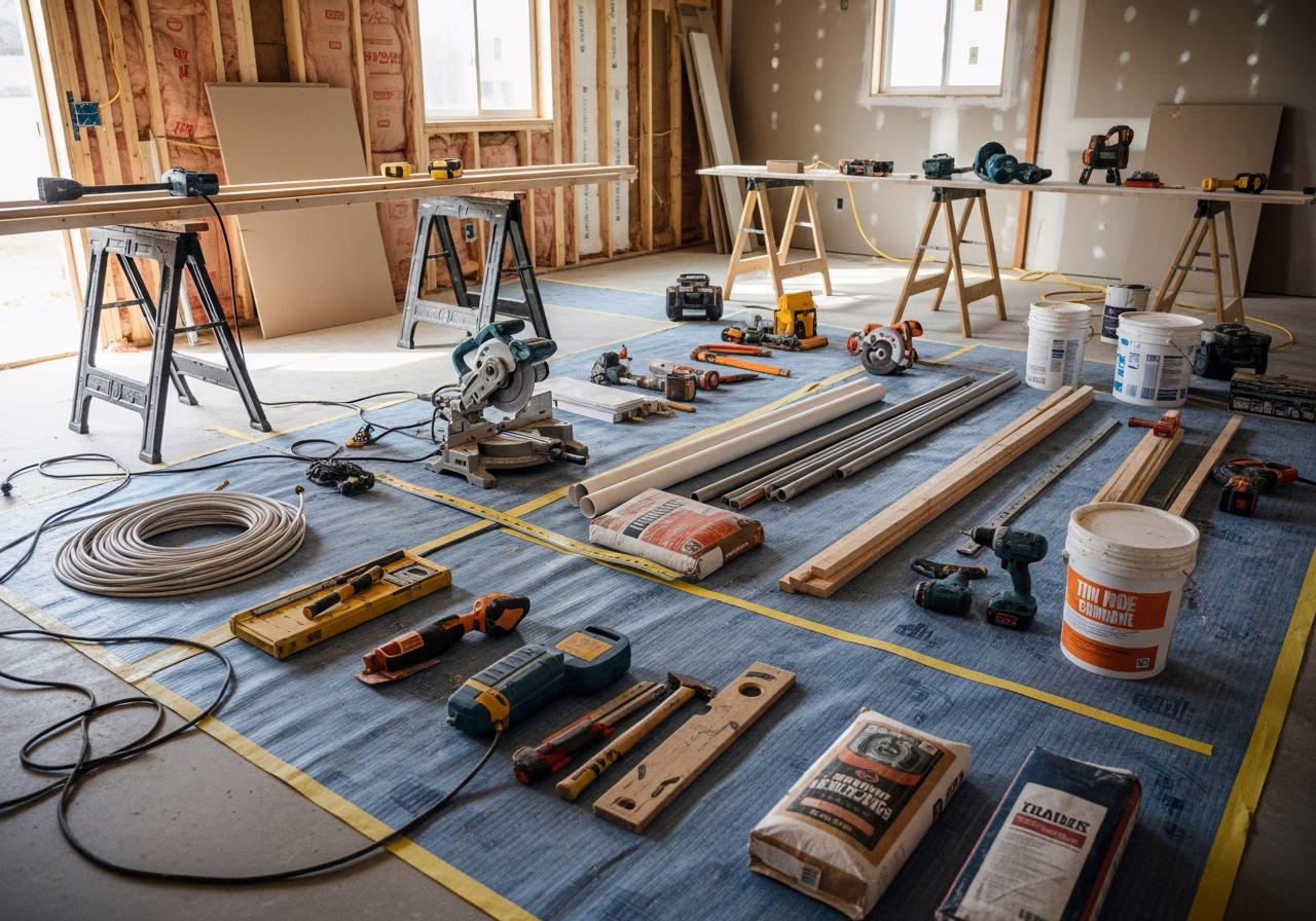 Tools and materials staged for basement apartment renovation in Toronto