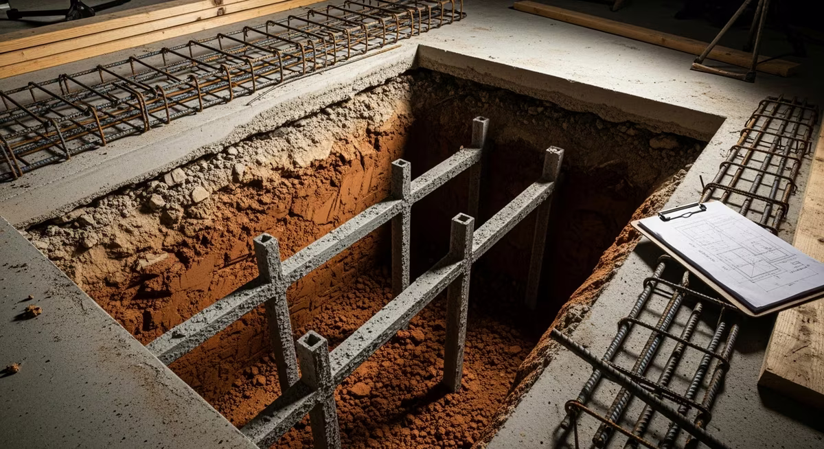 Toronto underpinning crew excavating pinned-sequence pit beneath existing footing with exposed clay subsoil, alternating 4-foot pins, rebar cage prepared and PEng drawings on clipboard