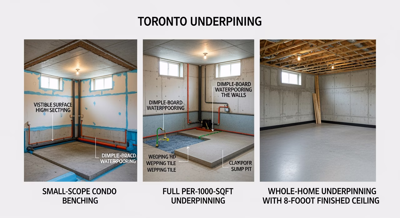 Three Toronto basement underpinning tiers compared: small-scope condo benching, full per-1000-sqft underpin with new slab and weeping tile, whole-home perimeter with 8-foot finish