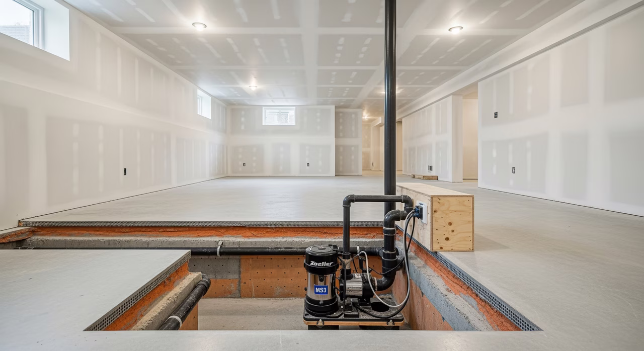 Completed 8-foot finished basement after underpinning with new weeping tile and dimple board, Zoeller M53 sump pump on dedicated GFCI circuit, polished concrete floor and white walls