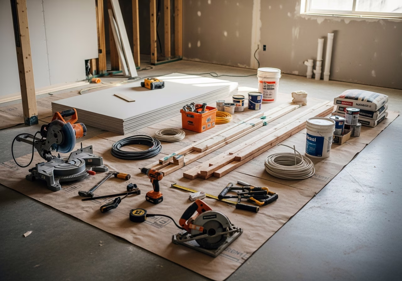 Tools and materials staged for basement apartment renovation in Vaughan
