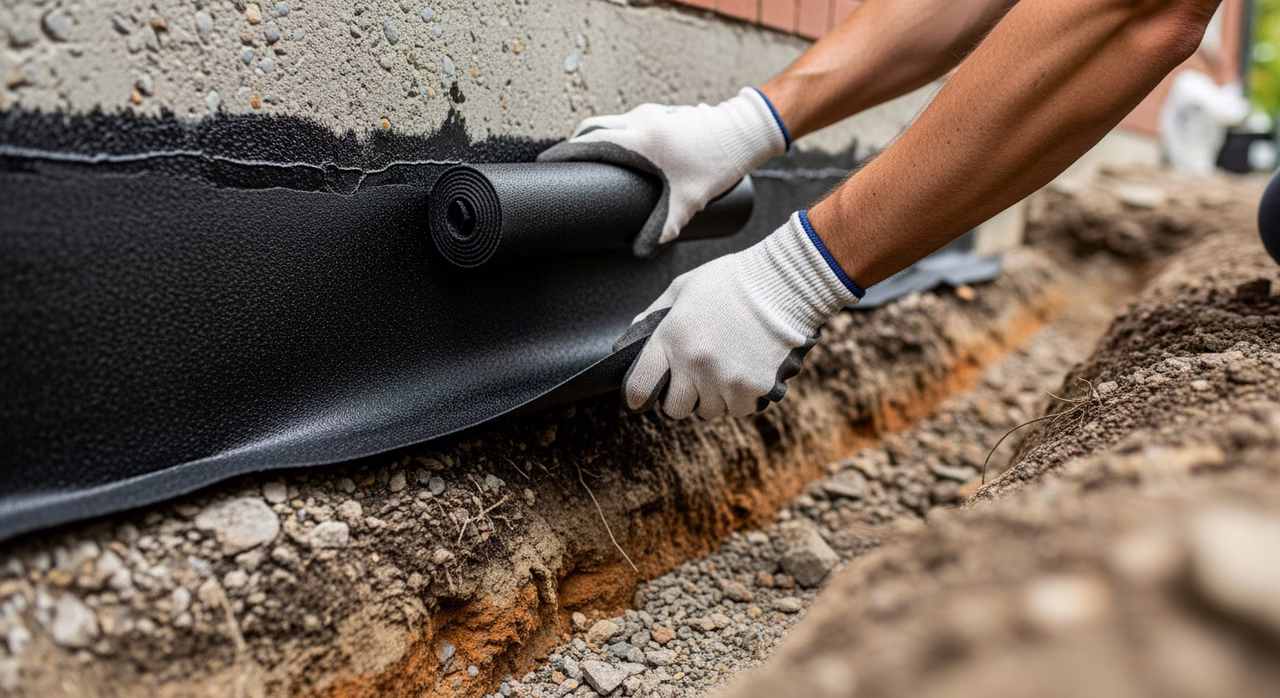 Crew applying Blueskin WP-200 exterior waterproofing membrane on excavated foundation in Toronto