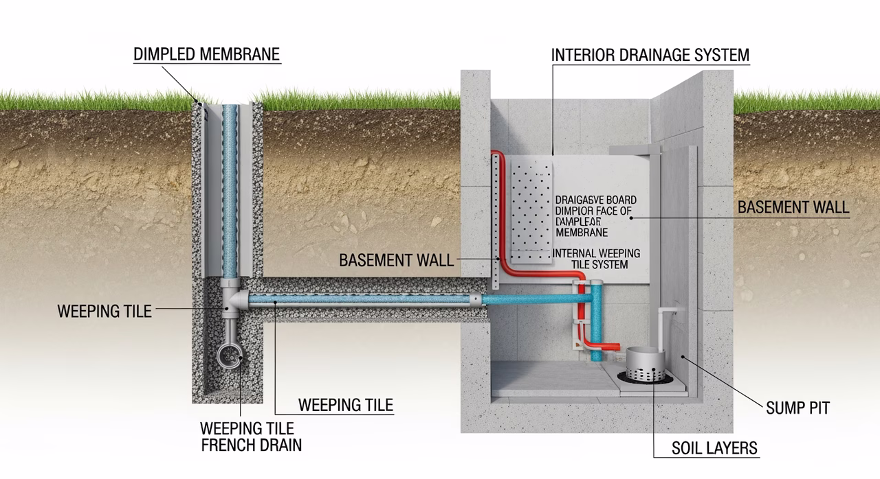 Comparison of Blueskin, Aquablok, and Delta MS dimple-board waterproofing systems on display