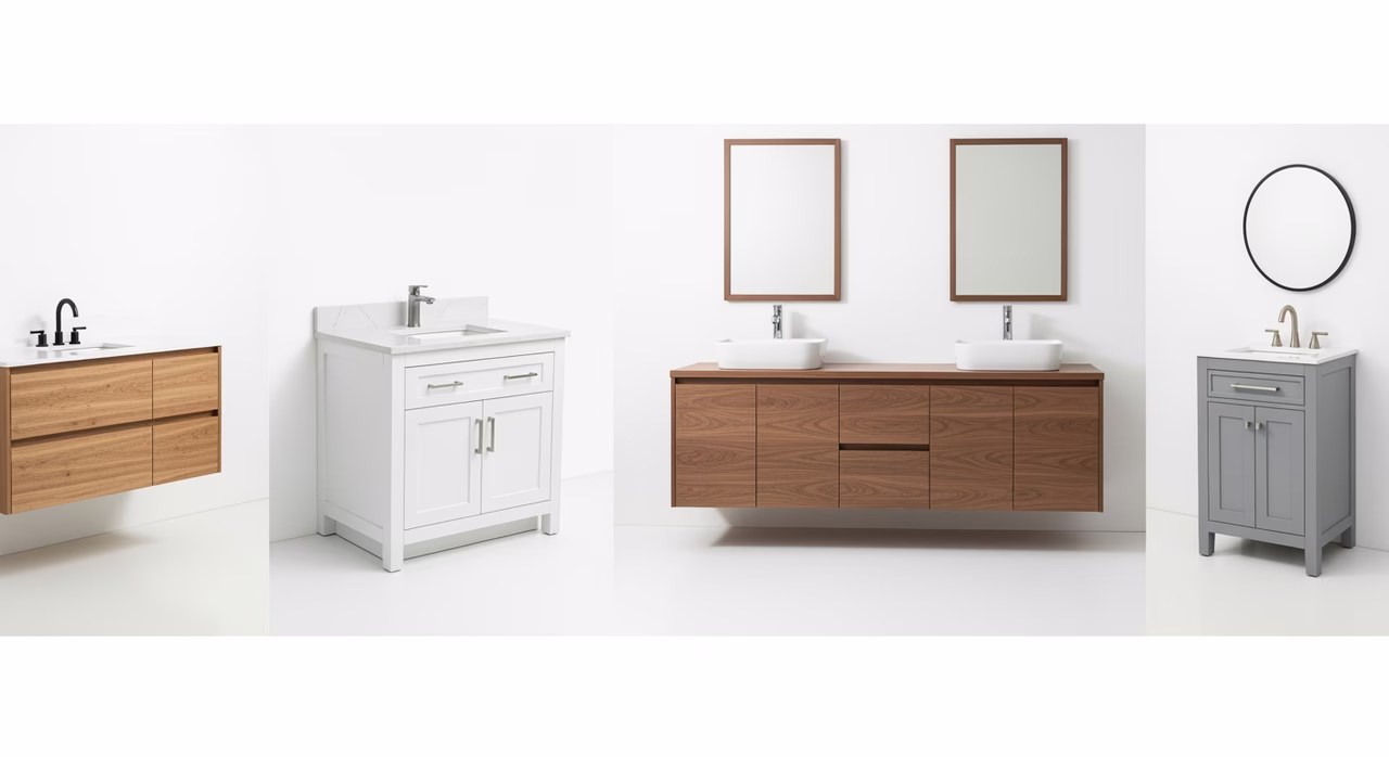 Stock, semi-custom, and custom millwork bathroom vanity samples compared with quartz tops