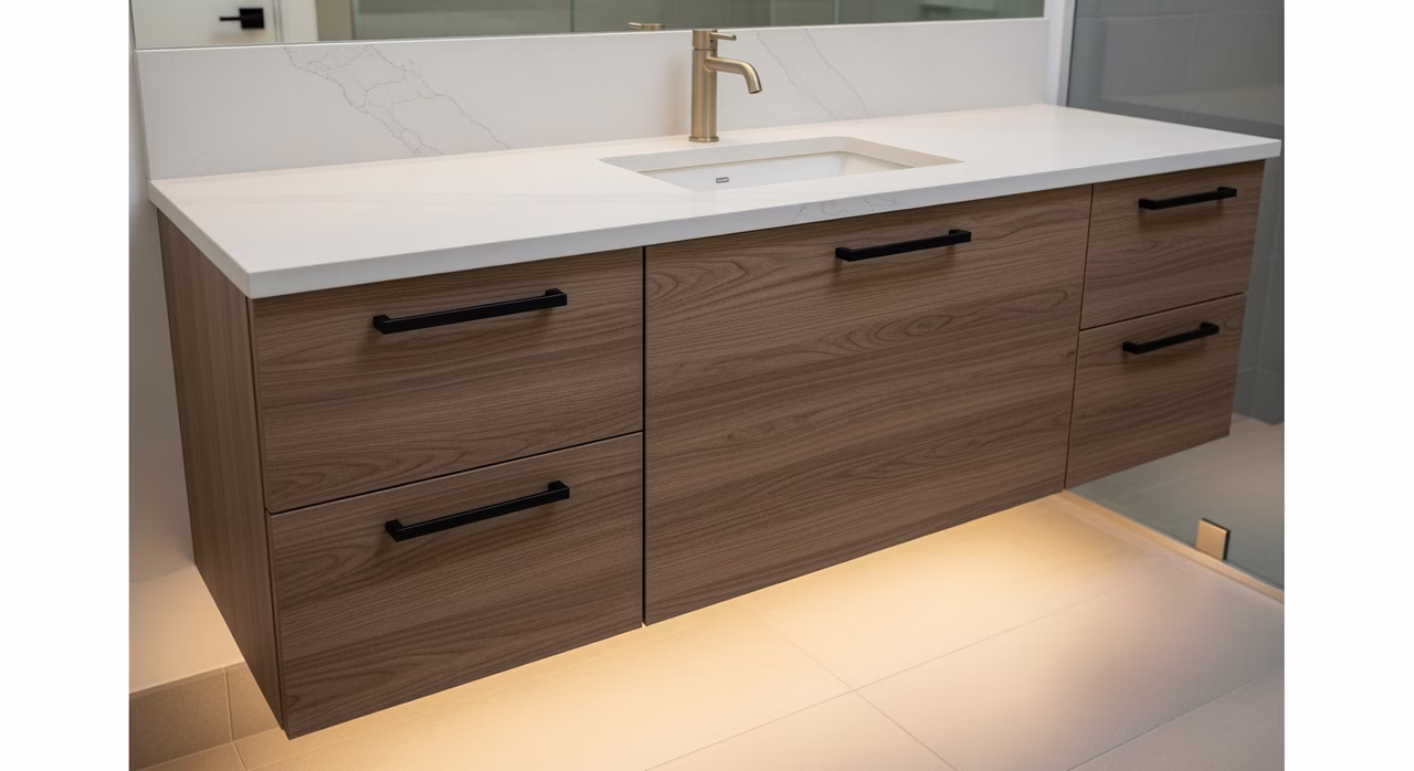 Close-up of soft-close drawer slides, dovetail joinery, and quartz countertop overhang
