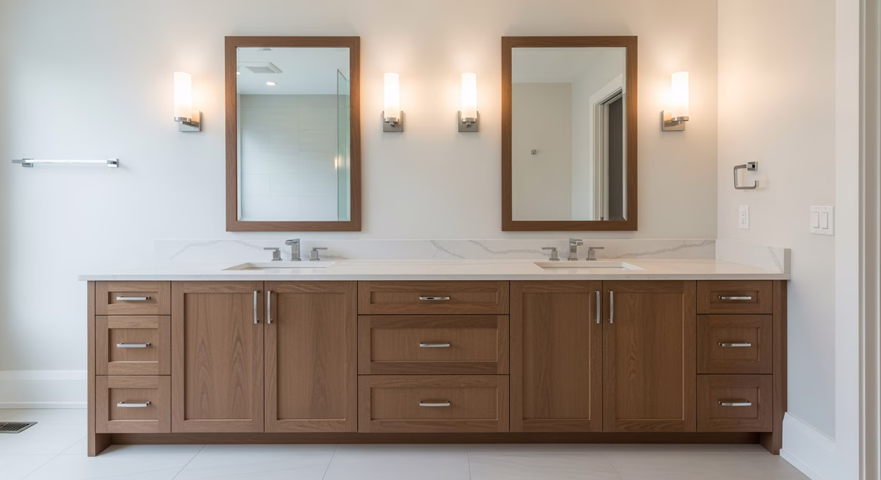 Bathroom cabinet finish grid showing shaker, slab, and inset door styles in white and walnut