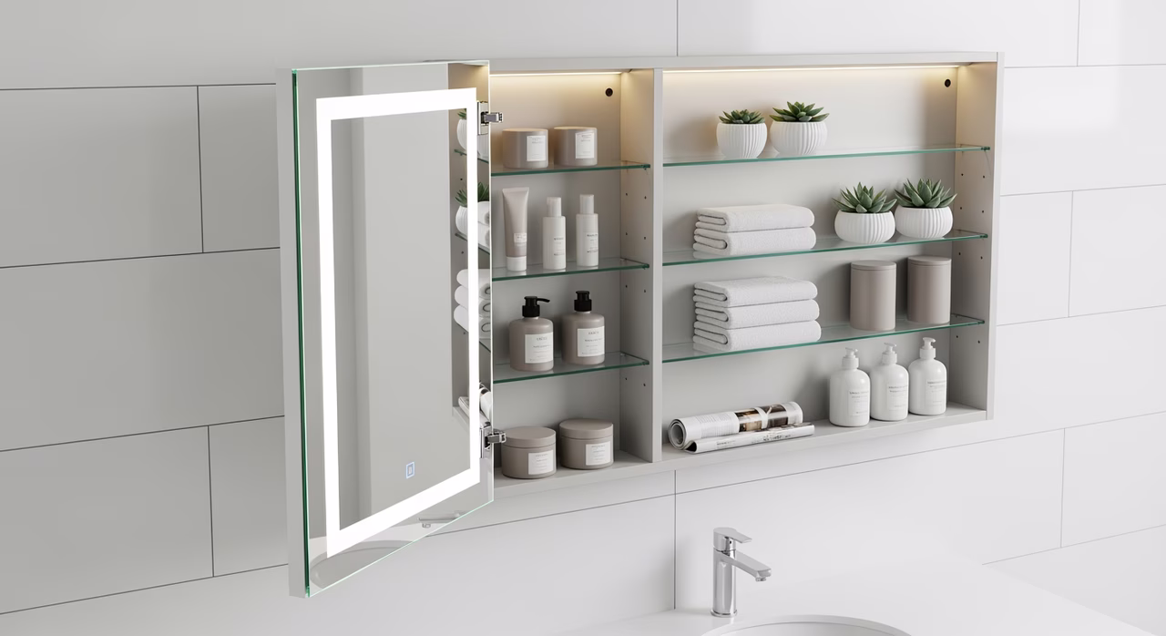 Completed custom vanity installation in Oakville master ensuite with marble-look quartz top