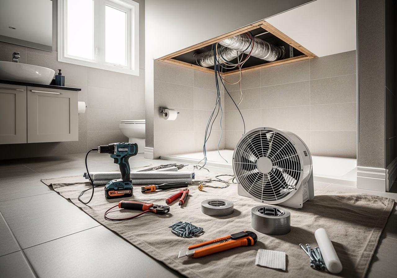 Bathroom Exhaust Fan Installation in progress: tools, materials, and protective floor covering staged for a Toronto HVAC and 