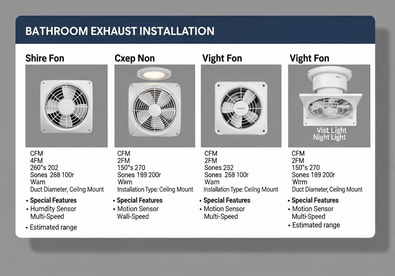 Side-by-side product and material comparison for bathroom exhaust fan installation — typical brands and finishes used in Toro