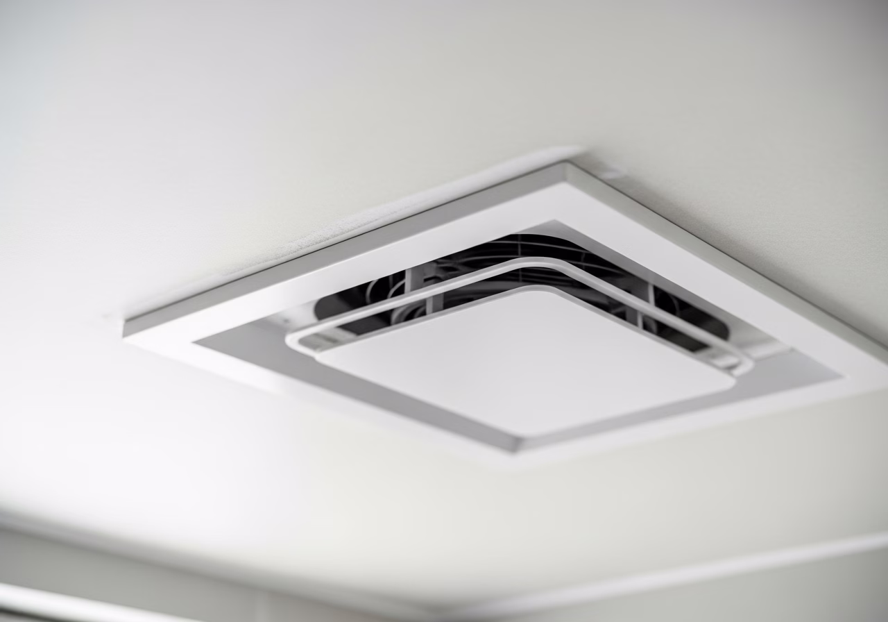 Close-up detail of professionally completed bathroom exhaust fan installation showing craftsmanship and finish quality