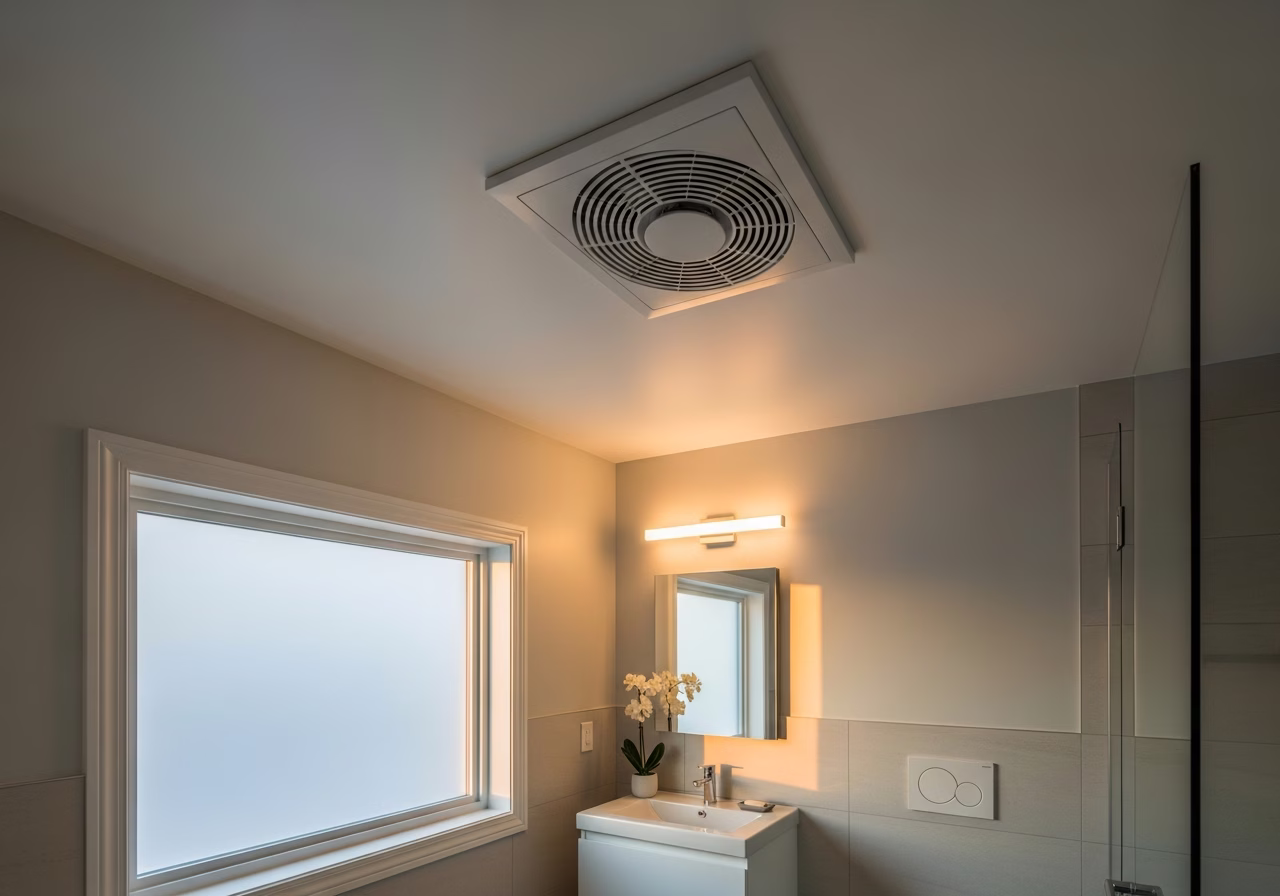 Finished bathroom exhaust fan installation result in a Toronto/GTA home, photographed in natural light
