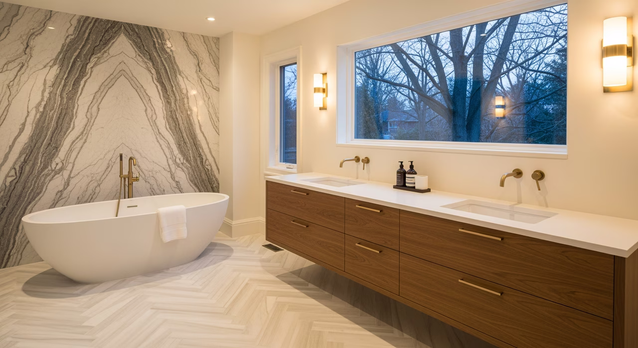 Bathroom Renovation in Toronto — RenoHouse 306A plumber + 309A (ECRA/ESA) electrician on a GTA bathroom job site — fixture detail