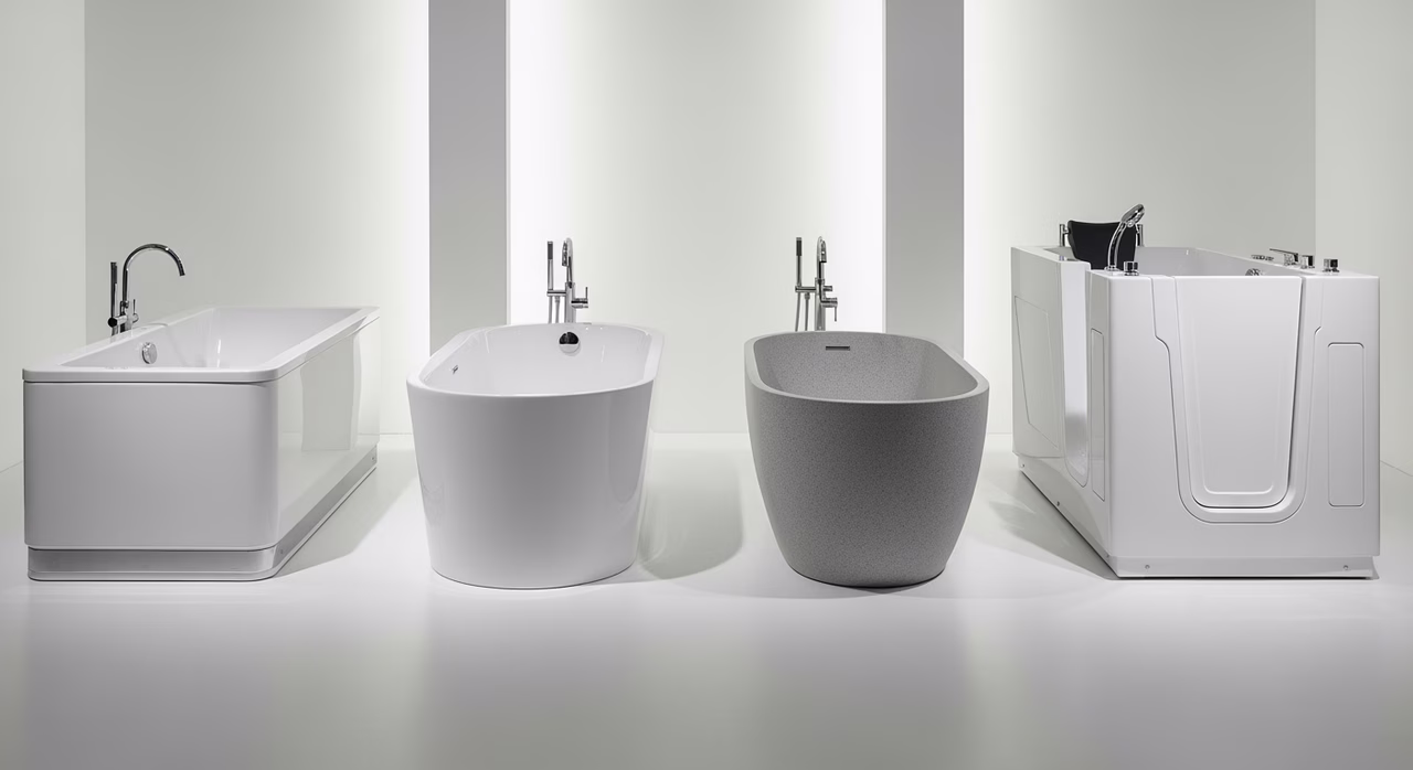 Kohler, American Standard, and Maax alcove and freestanding bathtubs compared on display