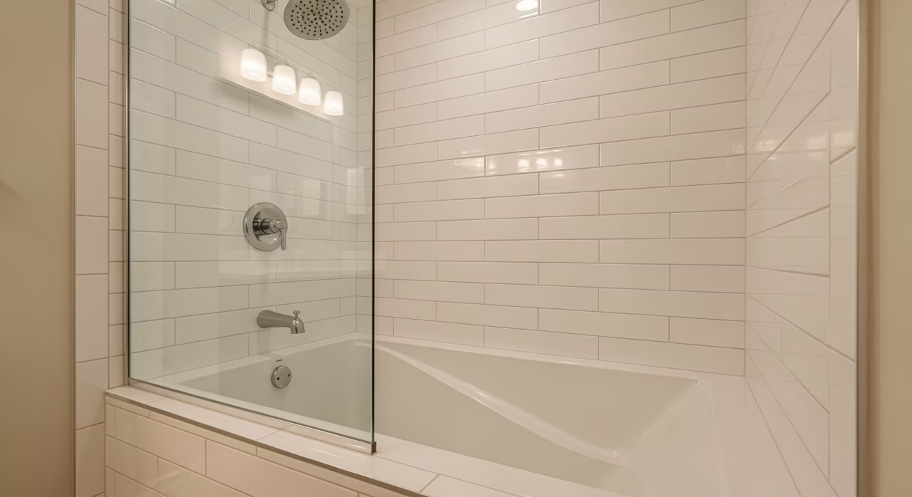 Completed alcove bathtub install with Schluter Kerdi surround tile in Etobicoke family bathroom