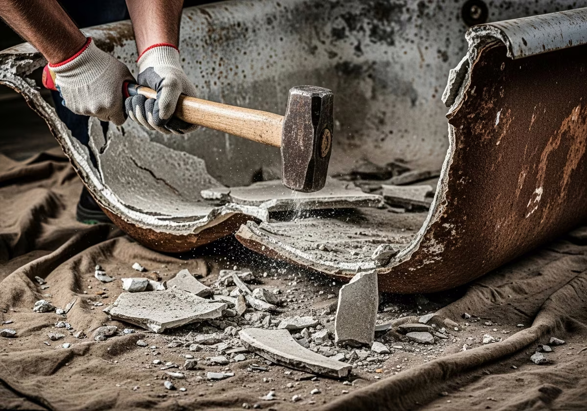 Demolishing old cast-iron bathtub for shower conversion — Toronto bathroom remodel