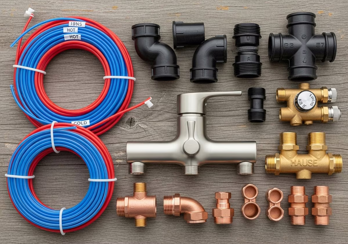 Bathtub-to-shower plumbing rough-in materials — PEX, ABS drain, shower valve