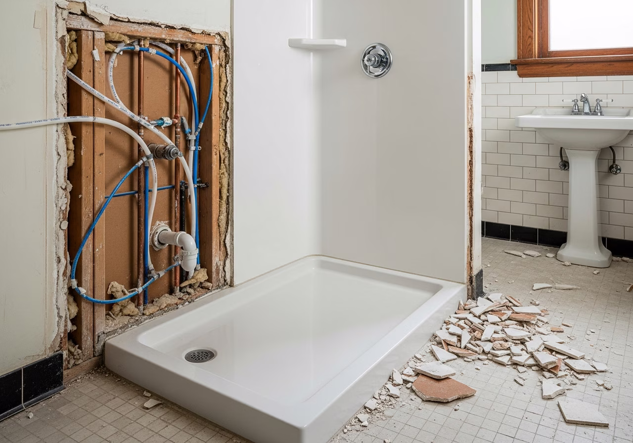 Toronto bathroom tub-to-shower conversion mid-progress — base + plumbing rough-in