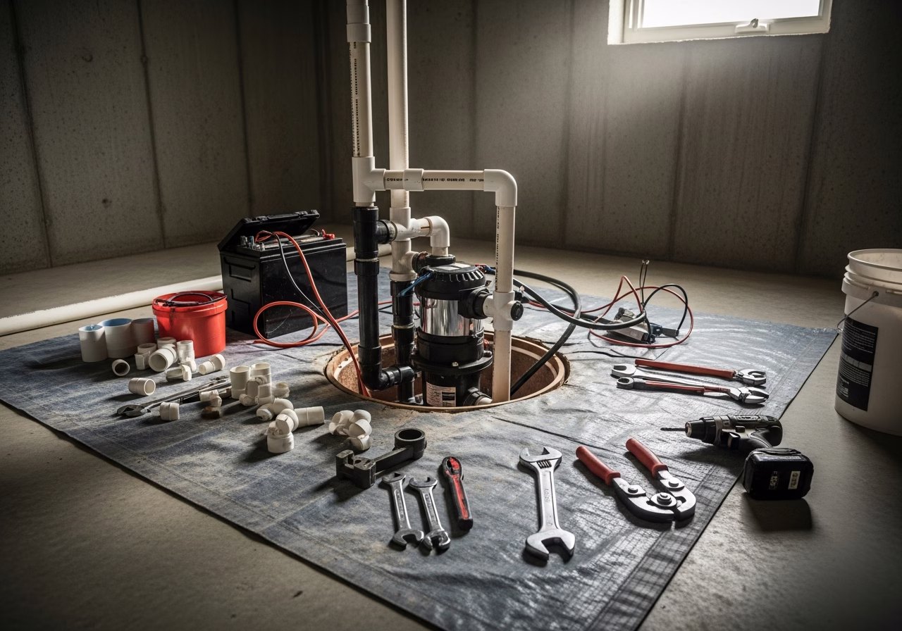 Tools and materials staged for battery backup sump pump project