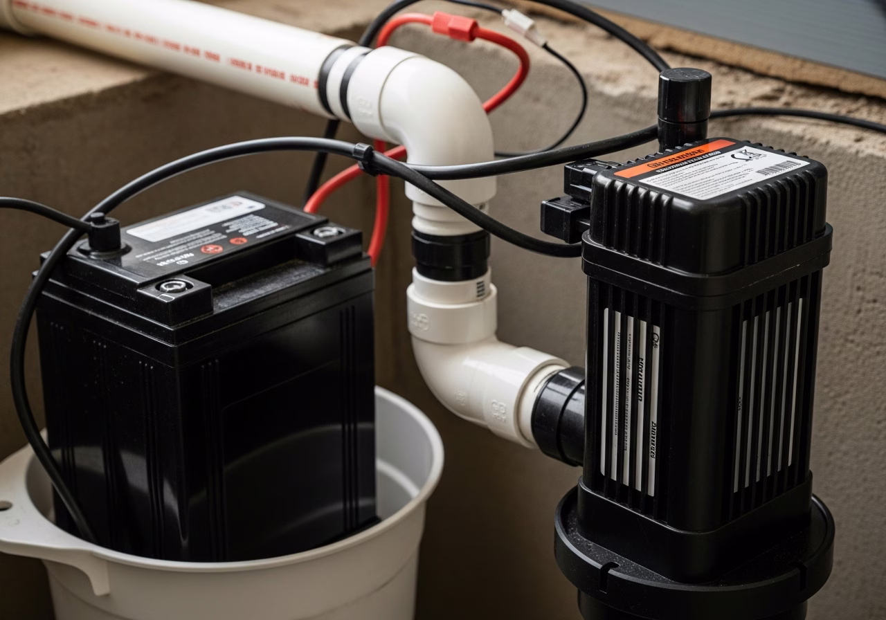 Close-up detail of professionally completed battery backup sump pump work
