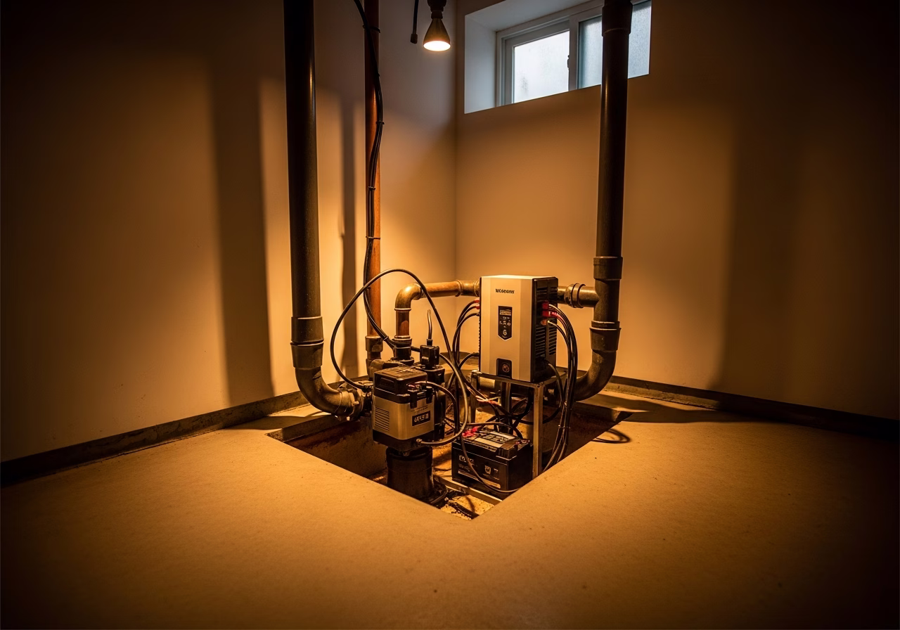 Completed battery backup sump pump in Toronto basement sump pit home - finished result