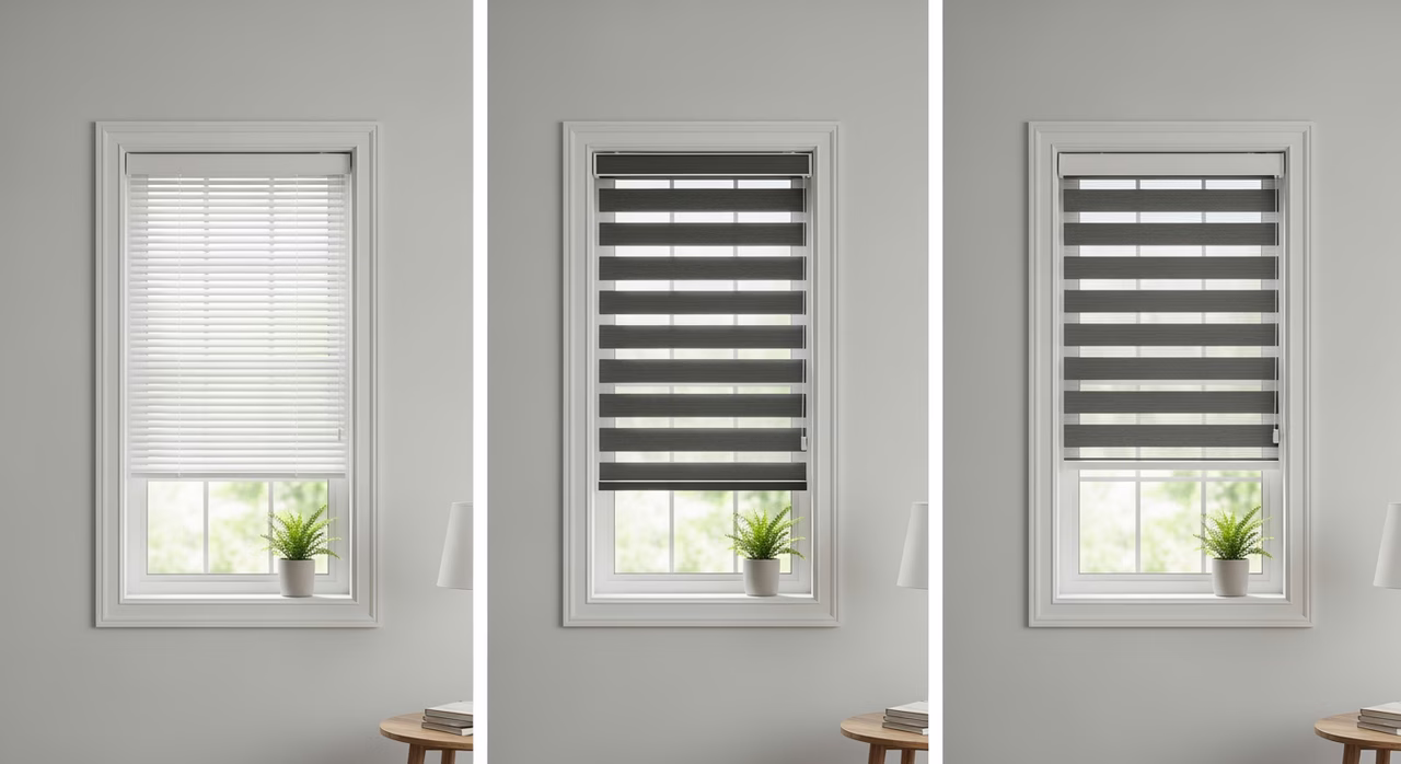 Three Toronto blind tiers compared: floor Levolor Trim+Go 2-inch faux-wood horizontal cordless lift white-only at $90-$140, standard Hunter Douglas Designer Roller Shade or Pirouette manual cord-tilt 60+ fabric options at $260-$480, premium Hunter Douglas Silhouette or Duette Honeycomb motorized PowerView Gen 3 Lutron Caseta at $750-$1,200
