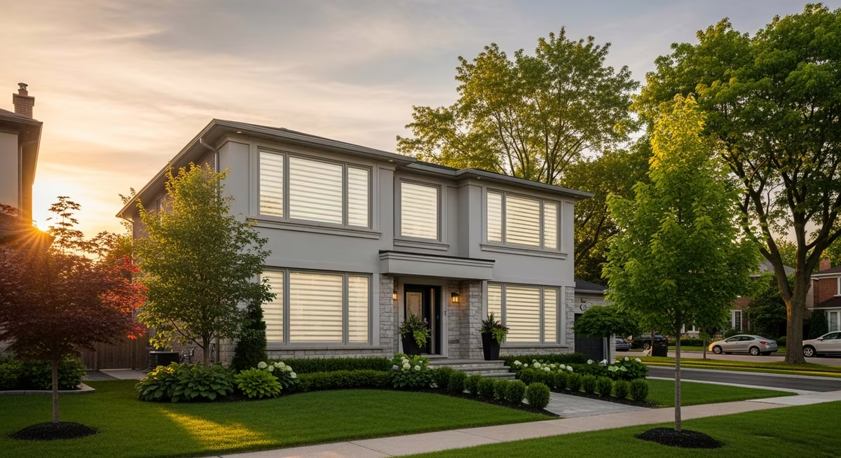 Toronto Mississauga 2010s detached two-storey home with large picture-windows and mature landscaping on quiet suburban street at golden hour where full-house premium motorized Hunter Douglas Silhouette runs $750-$1,200 per window and integrates with Lutron Caseta