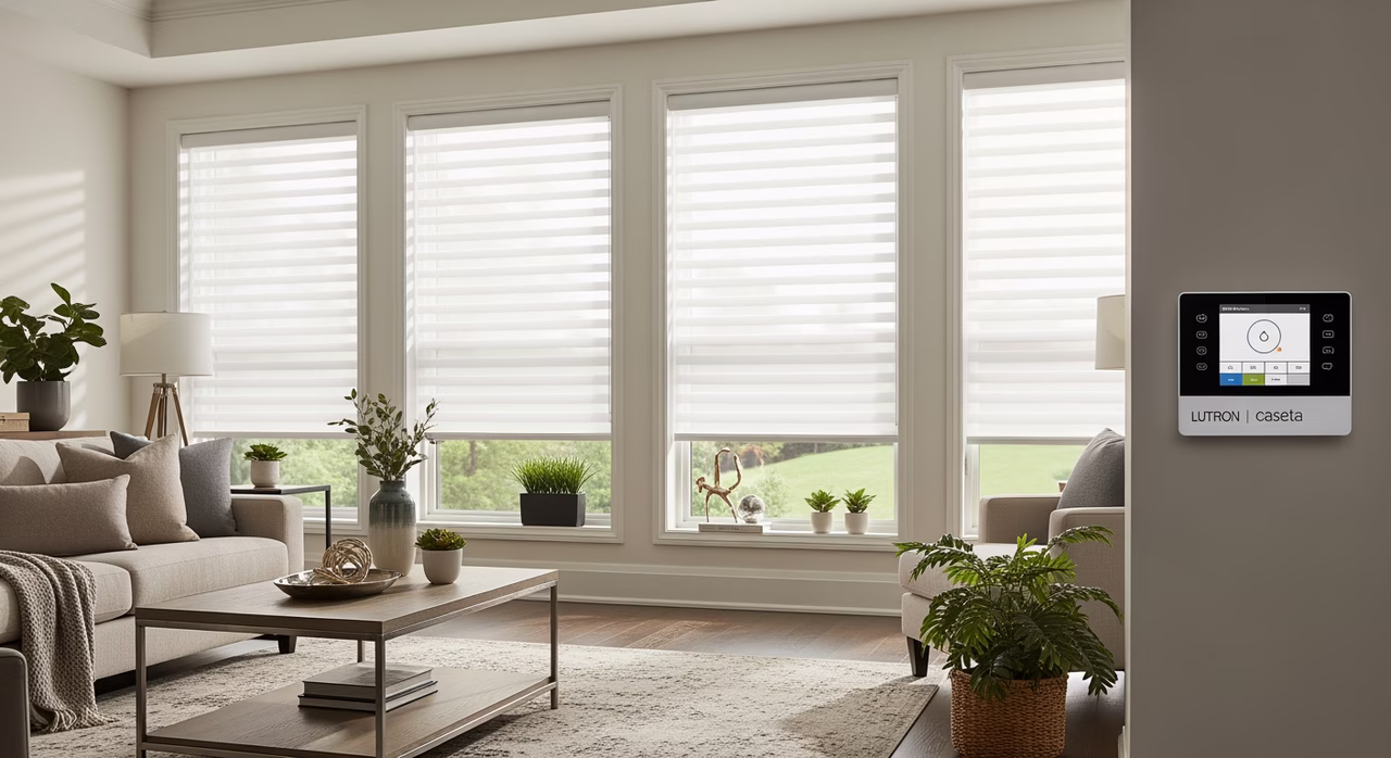 Completed Toronto living-room with newly-installed Hunter Douglas Silhouette PowerView Gen 3 motorized window-shading on 4 floor-to-ceiling picture windows, soft white-fabric horizontal vanes diffusing afternoon sunlight, no visible cords, Lutron Caseta wall-controller