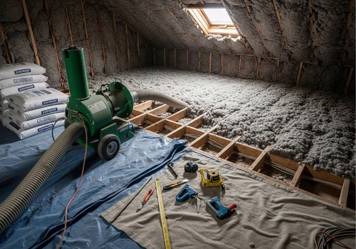 Tools and materials staged for blown-in cellulose insulation project