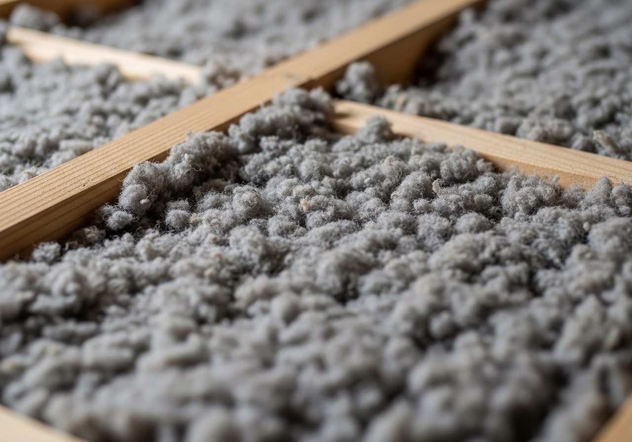Close-up detail of professionally completed blown-in cellulose insulation work