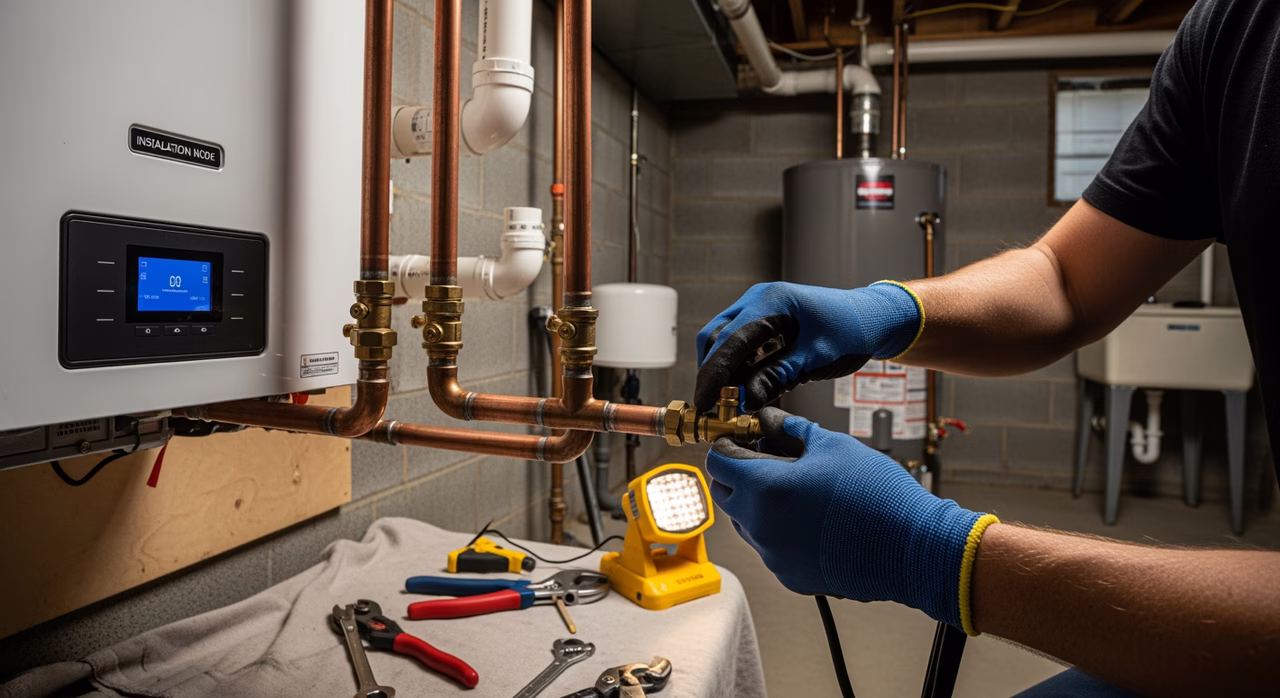 TSSA G2 gas technician installing Viessmann Vitodens 200-W condensing combi boiler in Annex utility room