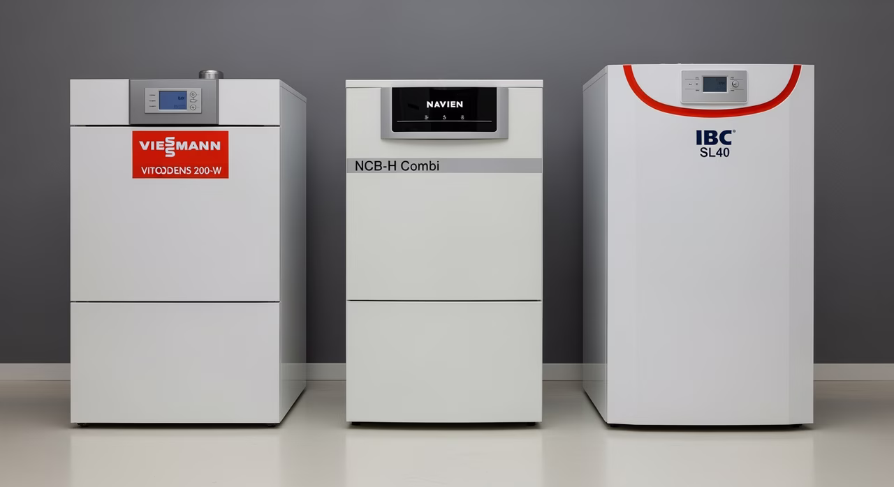 Viessmann Vitodens, Navien NCB-H, and IBC SL boiler models compared on technician workbench