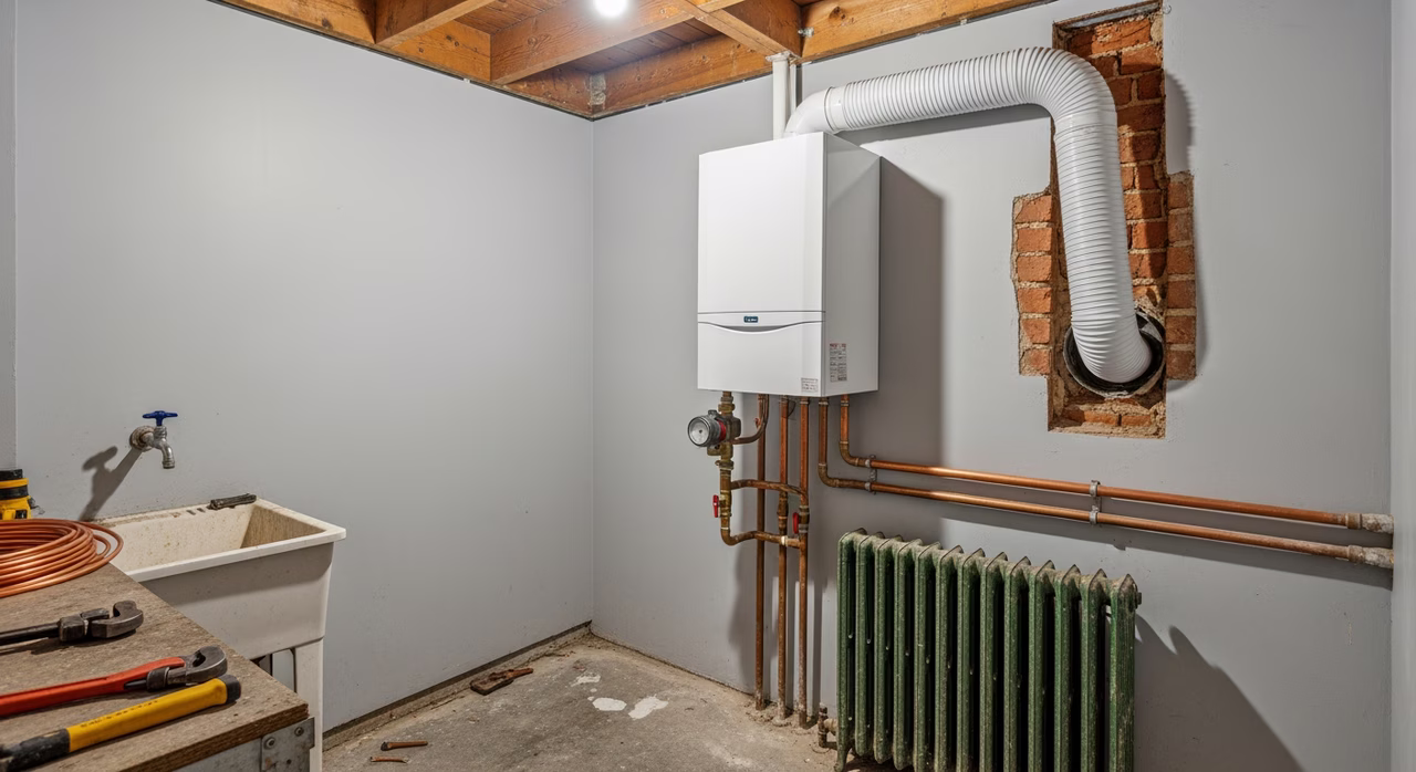 New condensing combi boiler installed in Cabbagetown radiator home with PVC concentric venting