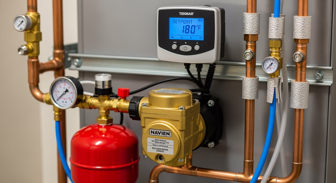 Close-up of Navien NCB combi boiler primary loop, circulator, and Tekmar smart hydronic control
