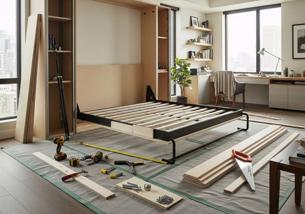 Tools and materials staged for built-in Murphy bed design project