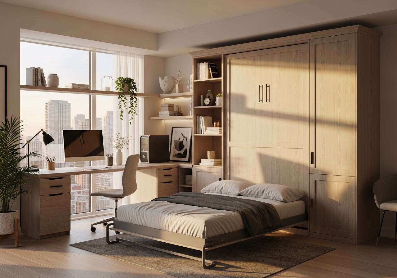 Completed built-in Murphy bed design in Toronto condo home office home - finished result