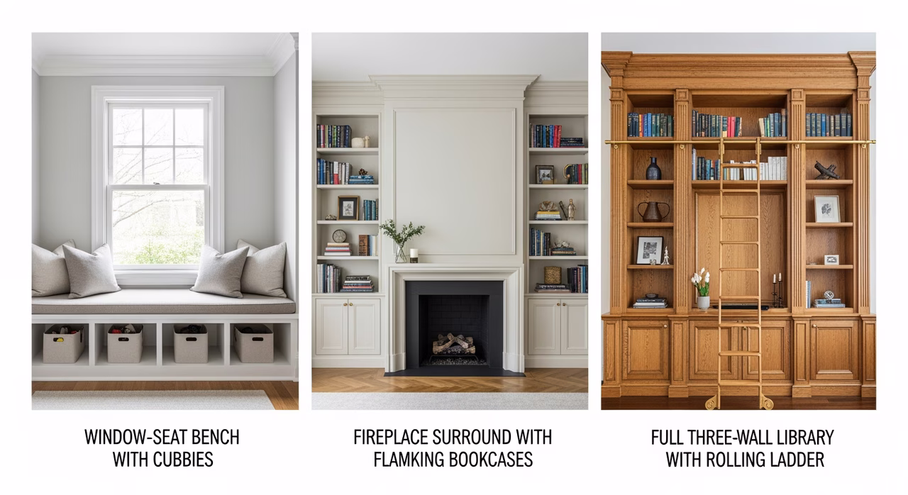 Three Toronto built-in storage scopes compared: window-seat bench, fireplace surround with bookcases, three-wall stain-grade library