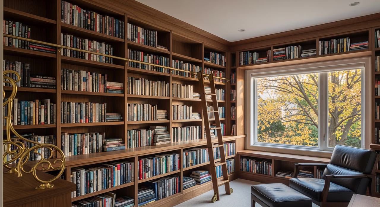 Toronto Forest Hill home library with custom walnut three-wall built-in bookshelves and rolling brass ladder